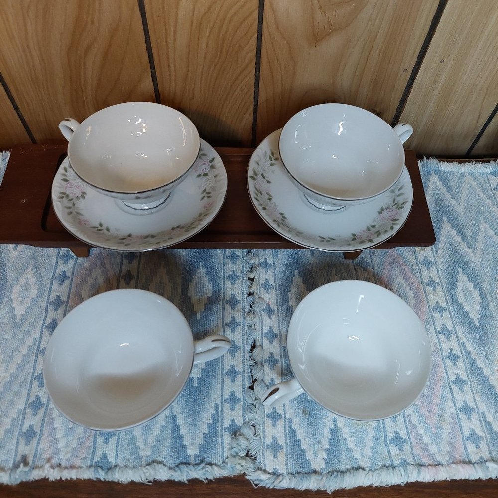 Sheffield Fine China Japan Classic #501 Pink White Roses - 4 Teacups & 2 Saucers